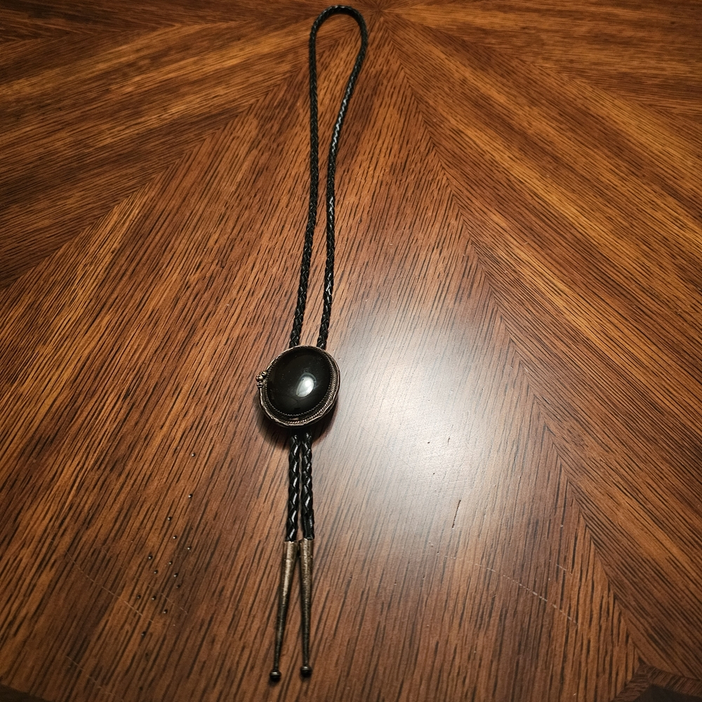 Sterling Silver Black Onyx Bolo Tie with Braided Black Leather Cord